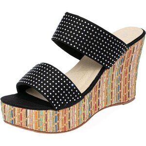 Women's Wedge Sandals with Rhinestone Shoelaces Platform High Heels Slide Sandal